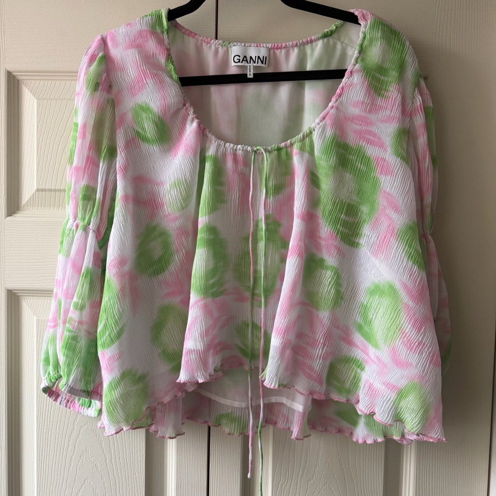 GANNI Floral-Print Pleated Georgette Blouse Size Medium - Picture 4 of 7